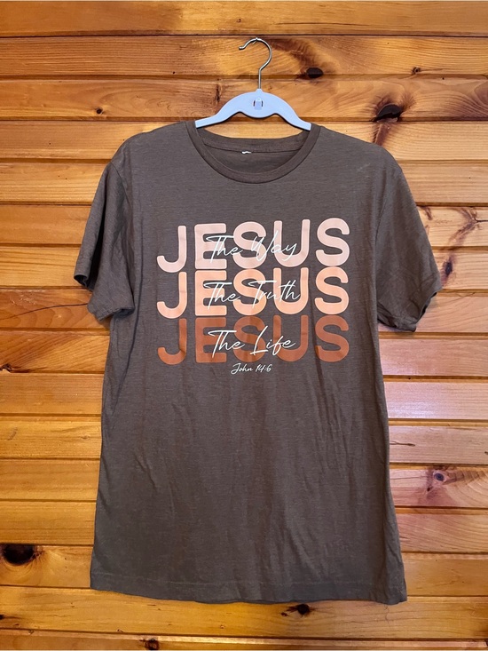 Love In Faith Tops - Jesus Graphic Short-Sleeve Tee - Light Brown with Peach & Brown Print